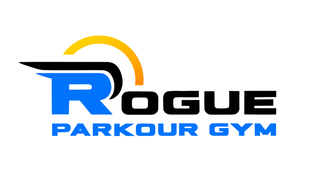 Logo of Rogue Parkour Gym, featuring the letter "R" stylized with a wing-like design and a yellow swoosh above it. The text below reads "ROGUE PARKOUR GYM" in black and blue fonts, symbolizing parkour excellence and competition spirit in California.